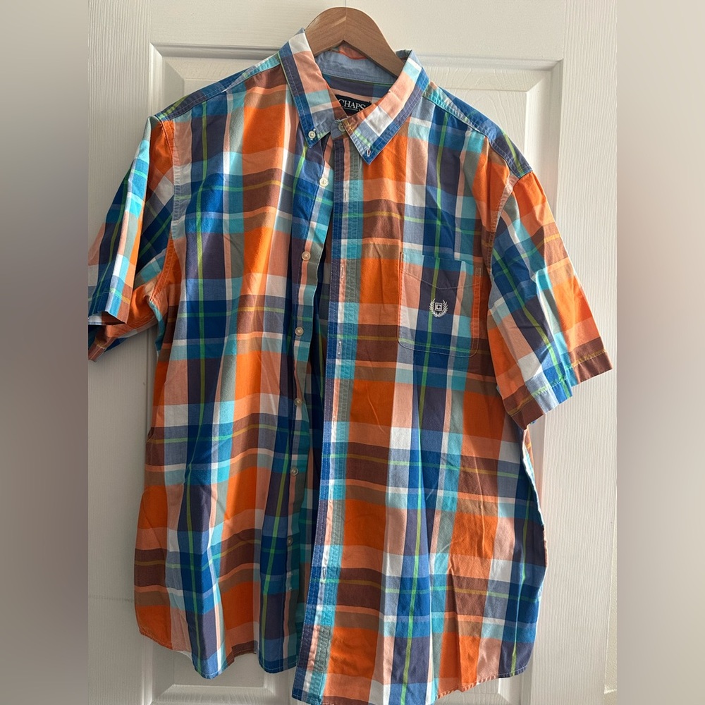 Chaps Men's Short-Sleeve Plaid Button-Down Shirt - Orange, Blue & White
